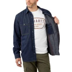 Carhartt Mens Denim Fleece Lined Snap Front Shirt -Cheap Tough Work Wears Store 105605 h84 03